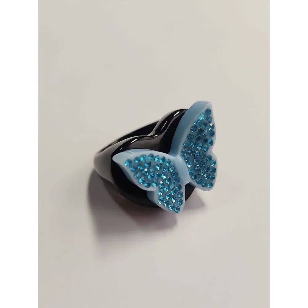 Sparklemuse Acrylic Crystal Butterfly Heart Ring Black Blue Size 8.5